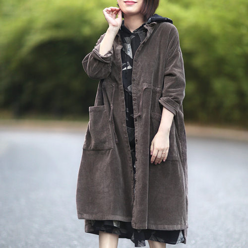 秋冬100%棉文艺灯芯绒中长款工装口立领上衣宽松外套系带风衣女