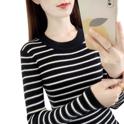 罗卡劳拉圆领条纹长袖打底针织衫