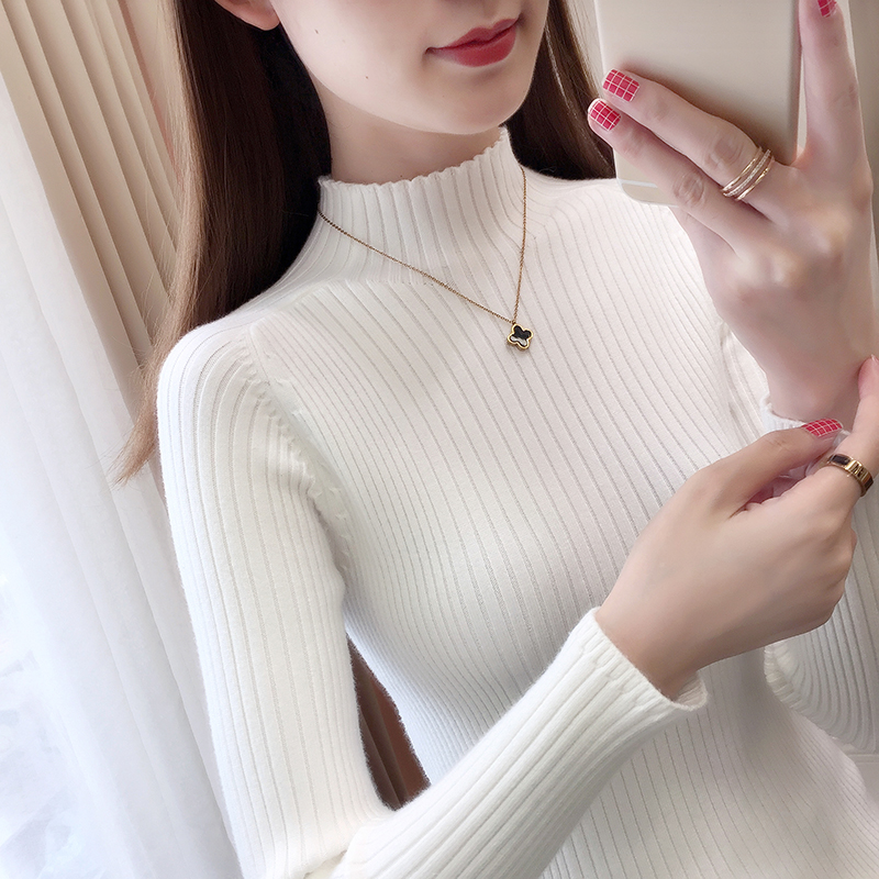 半高领毛衣打底衫女新款秋冬中领针织衫修身紧身长袖内搭上衣短款