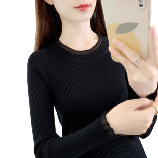 黑色打底衫女新款圆领针织衫长袖上衣修身紧身内搭春秋季薄款毛衣