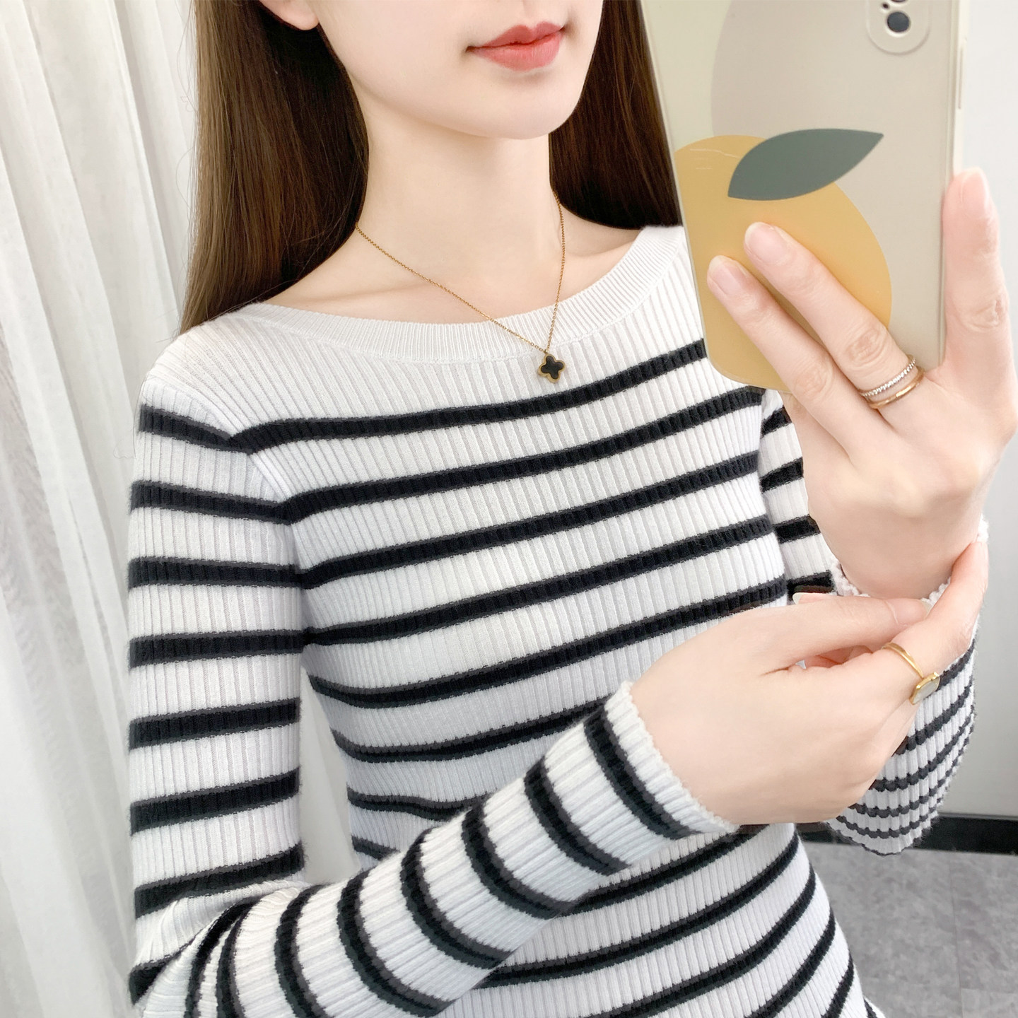 一字领针织衫女秋季新款条纹上衣长袖内搭薄款毛衣打底衫修身紧身