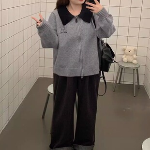 毛衣 胖mm200斤秋冬显瘦遮肉双拉链复古拼接polo领针织衫 大码 女装