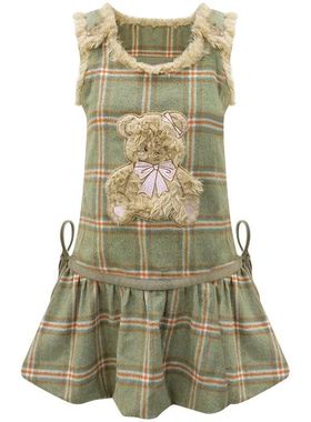 2026秋冬季美式设计感绿色格纹毛绒小熊兜兜下摆背心连衣裙女