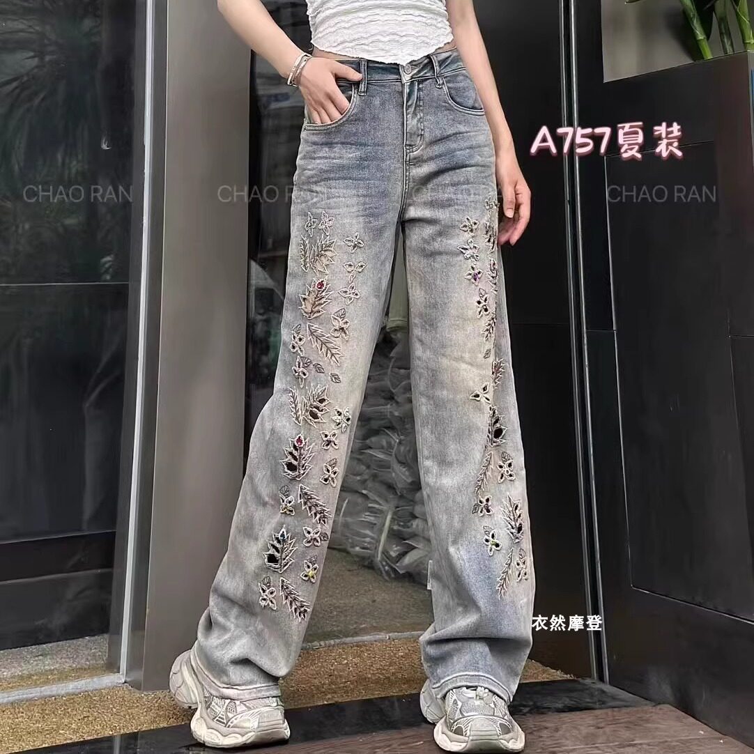 超然牛仔裤2025夏季新款欧货重工镂空刺绣绣饰时尚百搭直筒阔脚裤