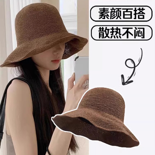 透氣草帽子女款 海邊度假漁夫帽 出游薄款 日系手工編織遮陽(yáng)帽春夏季