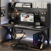 实木电竞桌书架一体洞洞板电脑桌家用卧室工作台式 书桌办公桌子