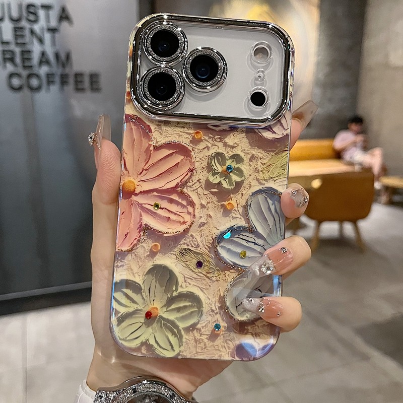 适用苹果系列iPhone17新款手机壳15promax14promax文艺油画海棠花13pro/16promax全包闪粉镜头防摔网红保护套