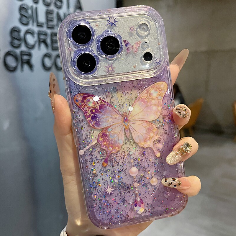 适用苹果系列iPhone17新款手机壳13pro/16promax高级紫色爆闪蝴蝶15pro/14promax全包闪粉花朵镜框网红保护套