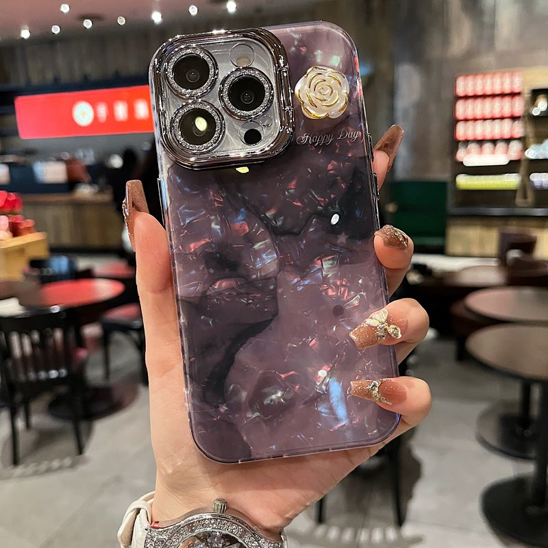 适用苹果系列iPhone16新款时尚手机壳13pro16promax大理石晕染山茶花14pro15promax银灰色闪粉镜头支架保护套