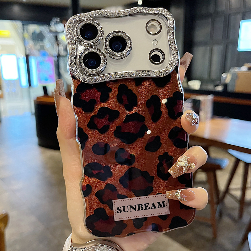 适用苹果系列iPhone17新款手机壳16promax时尚棕色豹纹15promax14promax全包满钻精孔镜框扭边网红女款保护套