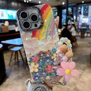 优雅高级感手机壳15promax支架镜框14pro 适用苹果系列iPhone16新款 13promax油画彩虹蝴蝶闪钻镜头防摔保护套