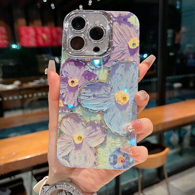 适用苹果系列iPhone16新款时尚手机壳15pro14promax优雅油画花朵13pro16promax银灰色闪粉镜头支架网红保护套