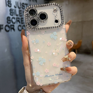 手机壳13promax15promax清新樱粉蝴蝶结小碎花16promax全包满钻精孔镜框防摔保护套 适用苹果系列iPhone17新款