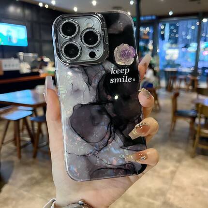 适用苹果系列iPhone16新款手机壳15/14pro唯美黑色晕染立体山茶花13/16promax银灰色闪粉镜头支架ins风保护套