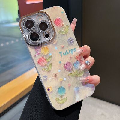 适用苹果系列iPhone16新款时尚手机壳15pro14pro油画郁金香蝴蝶13pro16promax全包闪粉镜头膜网红女款保护套