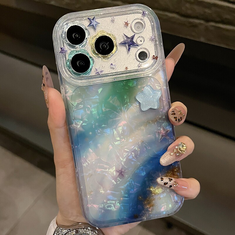 适用苹果系列iPhone17新款手机壳13pro/16promax文艺紫色晕染贝壳15pro/14promax全包闪粉花朵镜框网红保护套