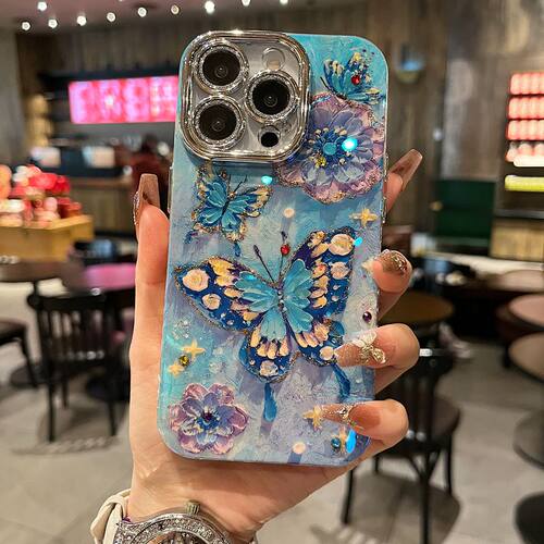 适用苹果系列iPhone16新款优雅手机壳15pro/14promax蓝白玫黄翅蝴蝶13pro/16promax全包闪粉镜头膜网红保护套