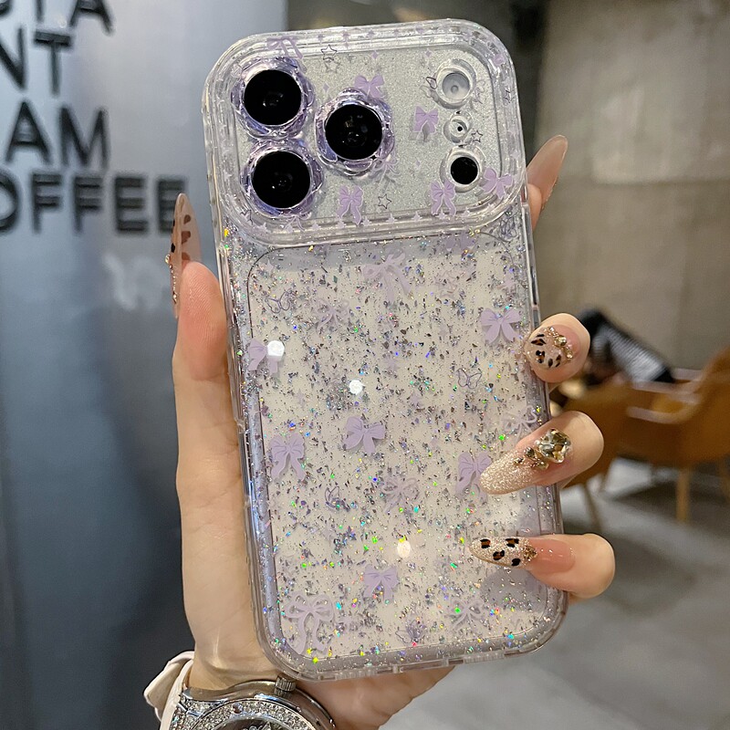 适用苹果系列iPhone17新款手机壳13pro/16promax个性粉色蝴蝶结15promax14promax全包闪粉花朵镜框时尚保护套