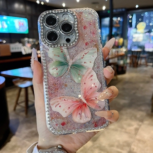 适用苹果系列iPhone16新款 16promax扭边钻框闪钻镜头膜网红保护套 手机壳15pro14promax轻奢感侧面蓝粉蝴蝶13