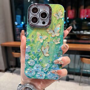 优雅手机壳13pro16promax梦幻绿蝴蝶14pro15promax银灰色闪粉镜头支架网红保护套 适用苹果系列iPhone16新款