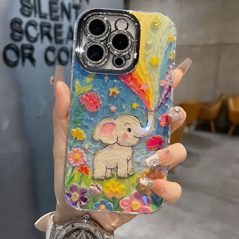 适用苹果系列iPhone17新款手机壳16pro/14promax时尚彩虹大象花朵13pro/15promax全包闪粉镜头防摔网红保护套