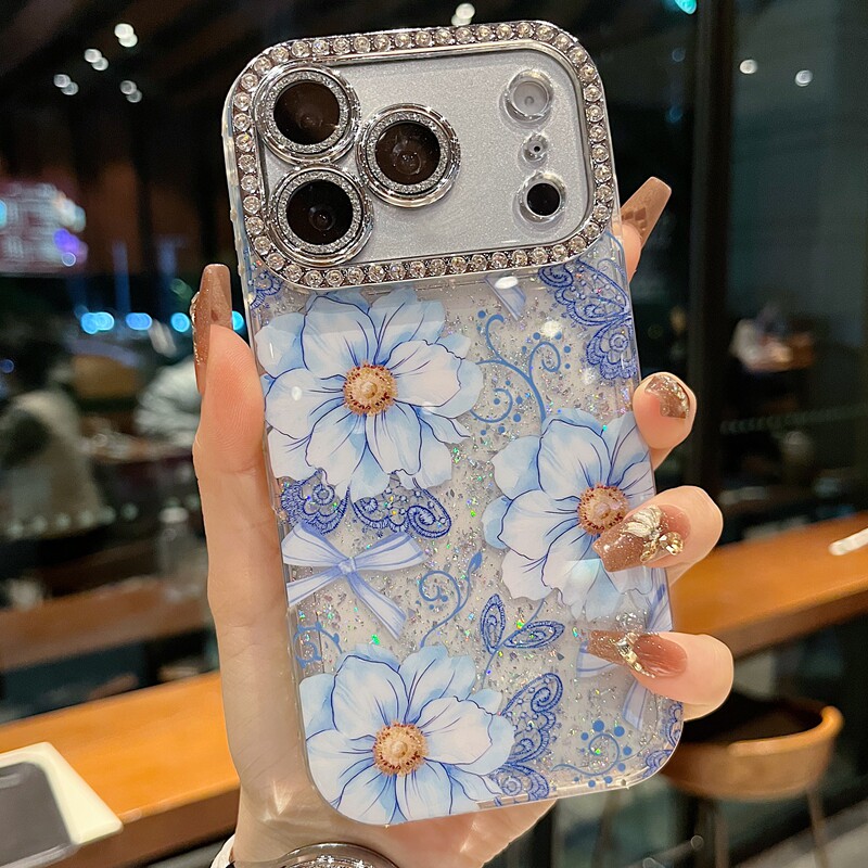 适用苹果系列iPhone17新款手机壳14pro/15promax时尚感蕾丝蓝色花13pro/16promax全包满钻精孔镜框女款保护套