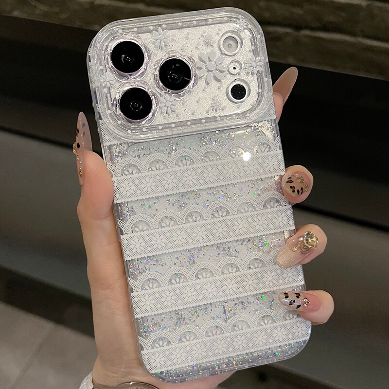 适用苹果系列iPhone17新款手机壳13pro/16promax个性小香风蕾丝爆闪15pro/14pro全包闪粉花朵镜框ins风保护套