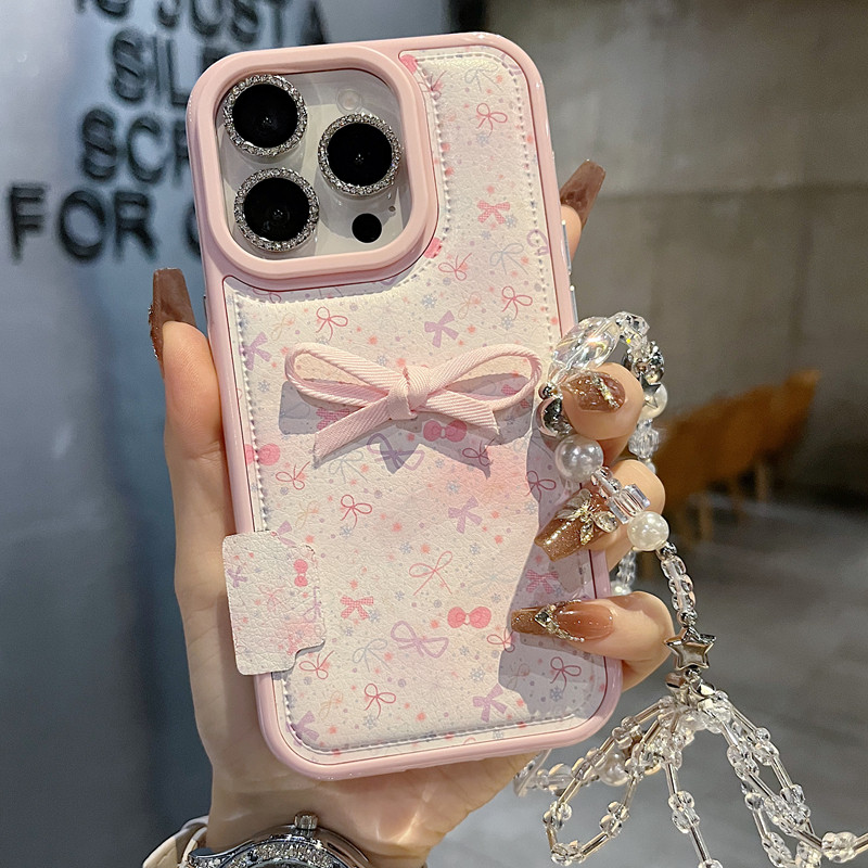 适用苹果系列iPhone17新款手机壳13pro/15promax可爱粉色蝴蝶结14promax16promax手链半包大孔透气时尚保护套
