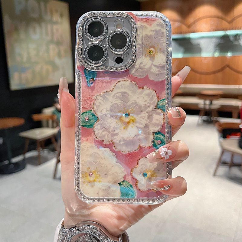 适用苹果系列iPhone16新款国风优雅手机壳15pro14promax山茶花13pro16promax扭边钻框闪钻镜头膜网红保护套