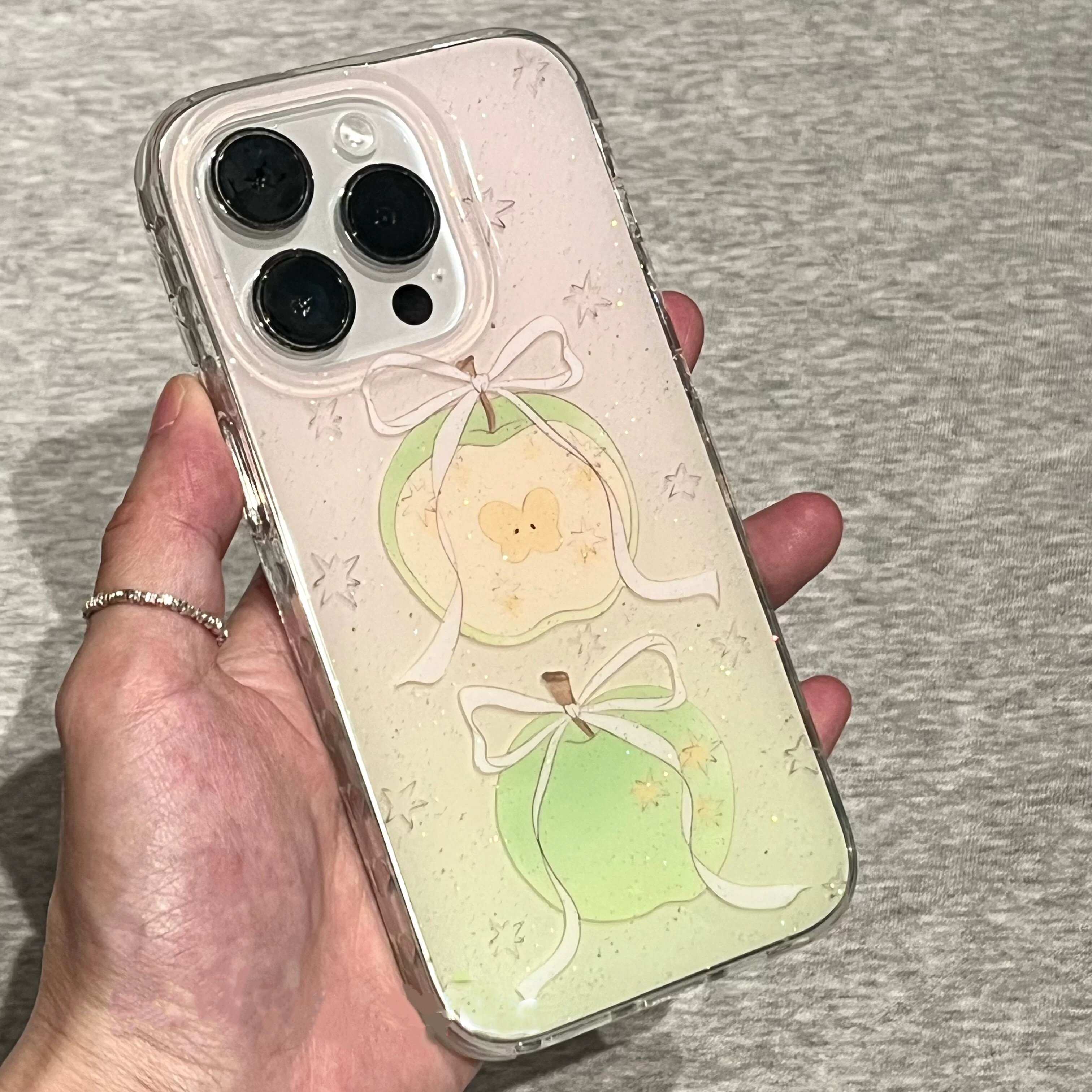 适用苹果系列iPhone17新款手机壳16promax14promax唯美清新细闪蝴蝶结青苹果15promax半包大孔防摔网红保护套