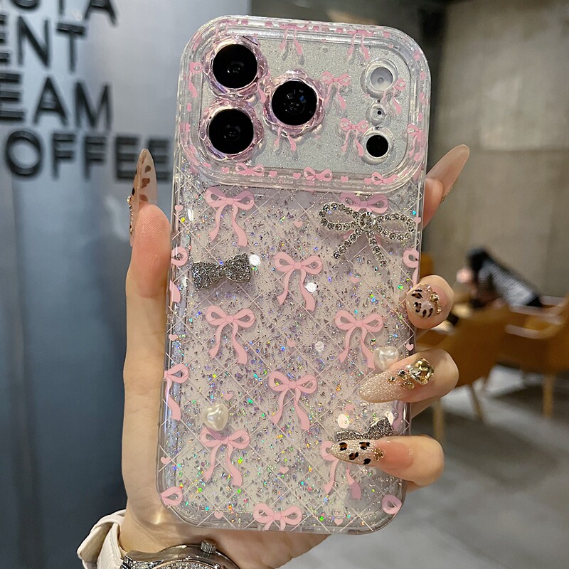 适用苹果系列iPhone17新款手机壳13pro/15promax小众紫色蝴蝶结16promax14promax全包闪粉花朵镜框时尚保护套