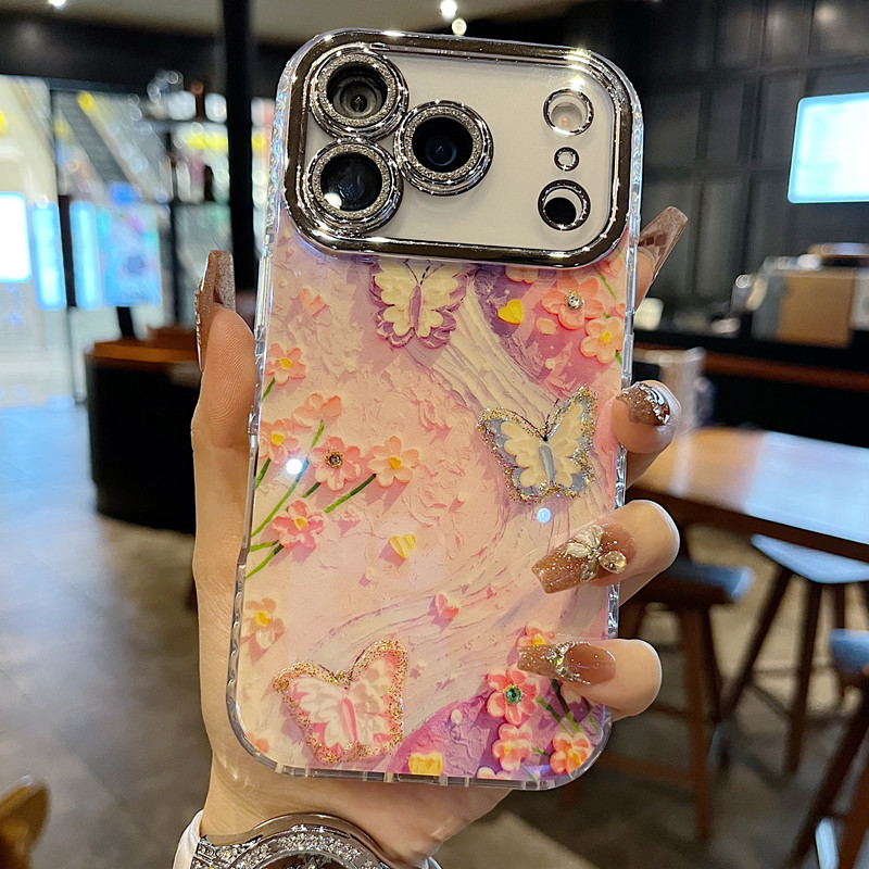 适用苹果系列iPhone17新款手机壳14promax16promax油画蓝光滴胶紫色花朵蝴蝶15promax全包闪粉镜框网红保护套