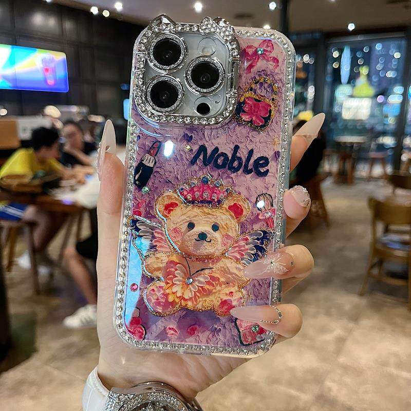 适用苹果系列iPhone 16新款手机壳15pro/14promax可爱油画皇冠小熊13/16promax猫咪一体支架钻框镜头膜保护套