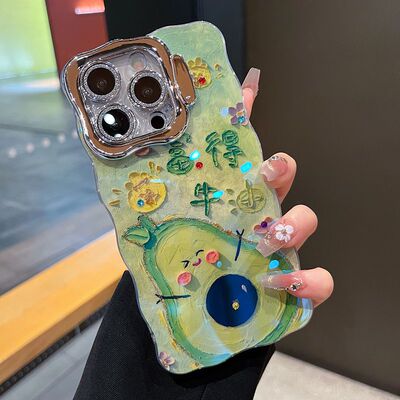 适用苹果系列iPhone16新款创意手机壳15pro14promax油画桃运连连13pro16promax全包闪粉镜头膜网红女款保护套