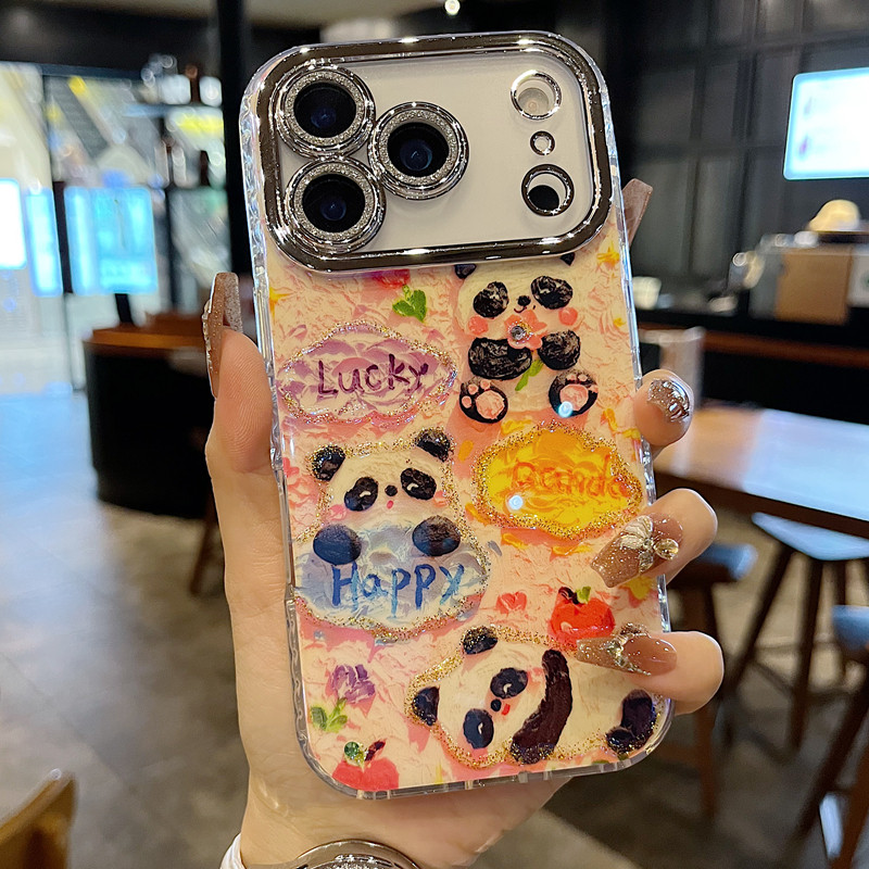 适用苹果系列iPhone17新款手机壳14pro/16promax时尚蓝光滴胶happy熊猫15promax全包闪粉镜头防摔ins风保护套