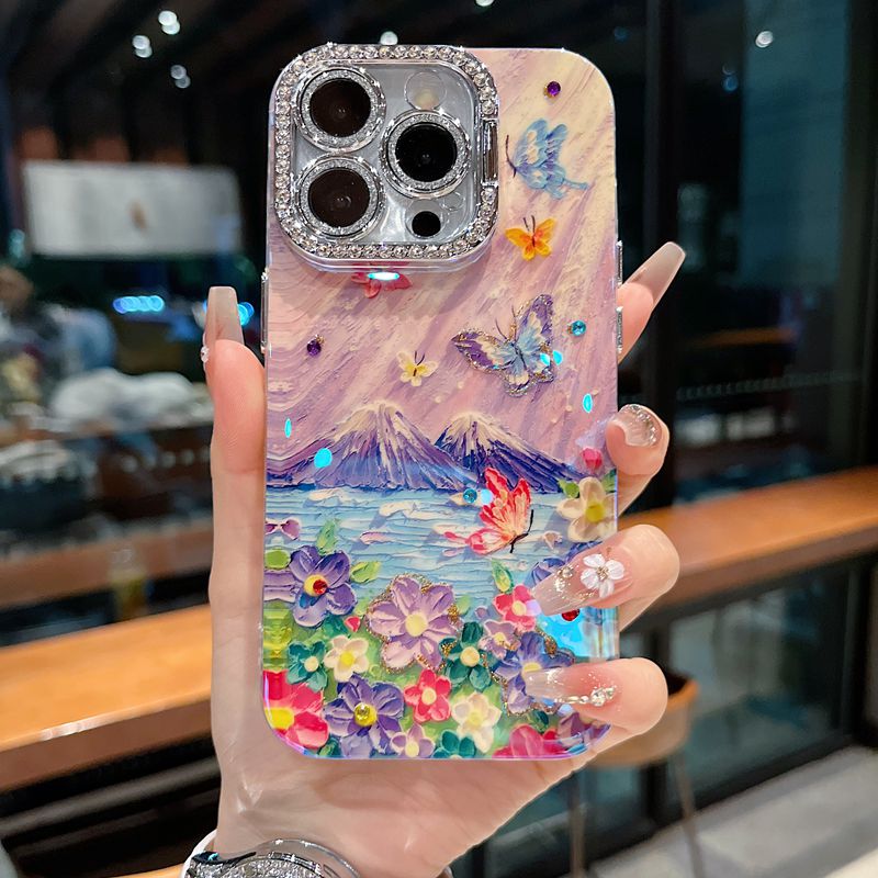 适用苹果系列iPhone16新款国风手机壳15pro14promax油画山峰蝴蝶13pro16promax全包镜头膜钻框支架网红保护套