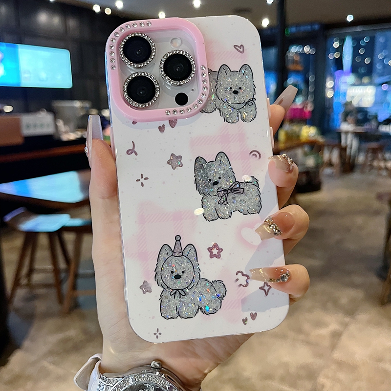 适用苹果系列iPhone16新款手机壳15pro14promax时尚个性星星小狗13pro16promax钻石镜框闪钻镜头膜网红保护套