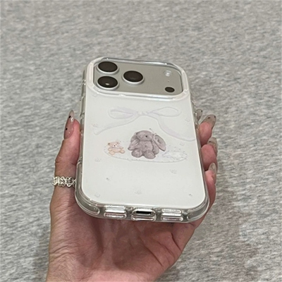 适用苹果系列iPhone17新款手机壳16promax/14pro时尚白底蝴蝶结垂耳兔15promax/13pro半包大孔防摔可爱保护套