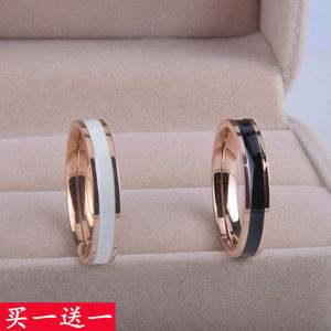 18k玫瑰金简约黑白陶瓷钛钢戒指女潮人日韩学生戒指情侣对戒指环