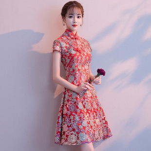 中式改良旗袍2024夏款复古新娘敬酒服短款礼服中国风连衣裙少女裙