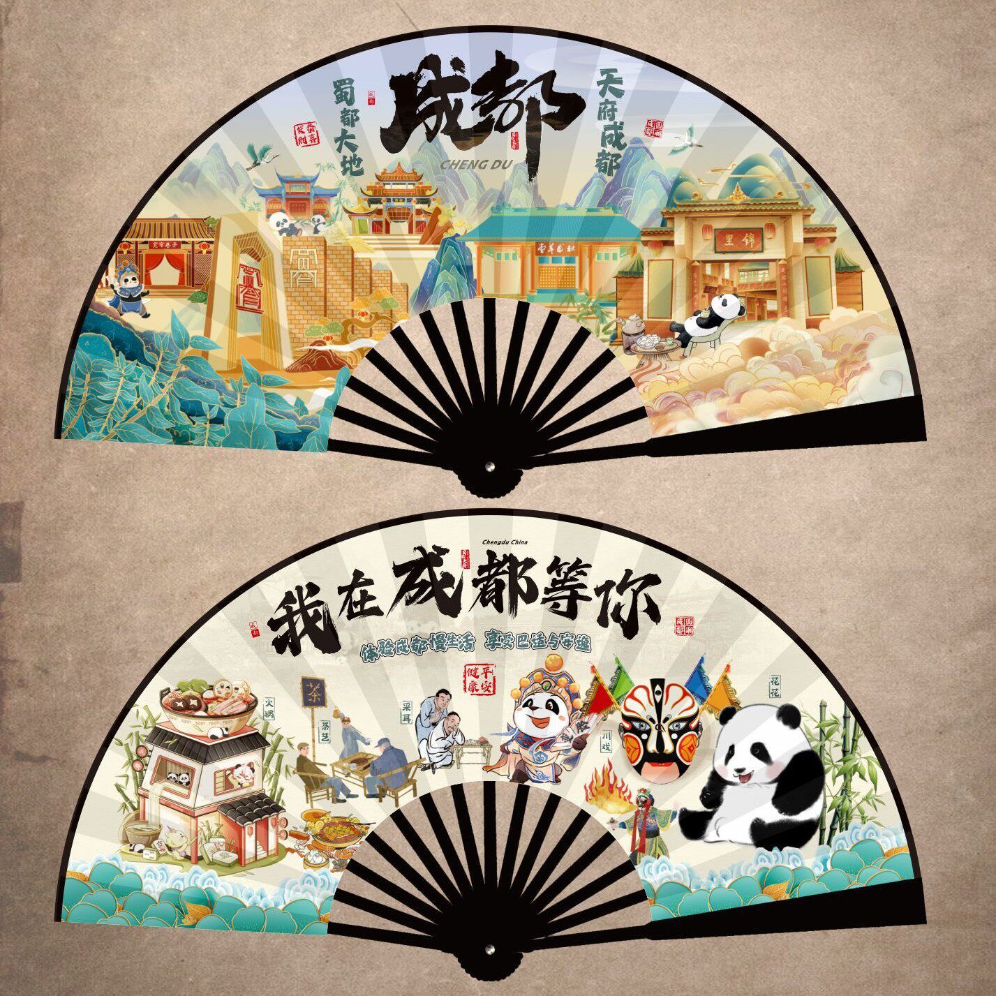 10寸都江堰水墨画绢布扇 景区爆款拍照扇 折扇广告扇旅游图片