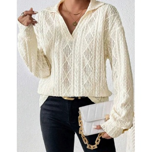 women blouse T恤女 shirts sleeved long 镂空翻领休闲长袖