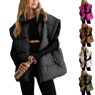 Women Zip Up Puffer Vest Stand Collar Sleeveless Padded Coat