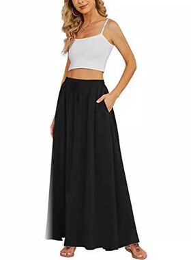 Women Flowy Skirt Pleated High Waisted Long Skirts Pockets
