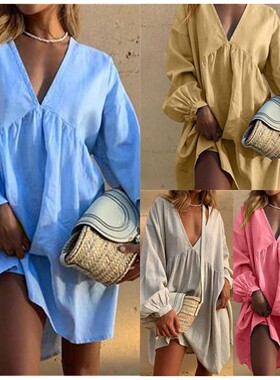 Blue Pink Dress 2022 Spring Ladies Party Dresses棉麻连衣裙