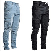 Men Multi Pants Cotton Jeans Trousers Casual Denim Pocket