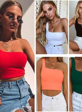Women Lady Female One Shoulder Crop Tops Sleeveless T-Shirt