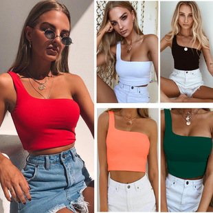 Women Lady Female One Shoulder Crop Tops Sleeveless T-Shirt