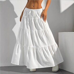 Women Boho Flowy White Maxi Skirt Flare Ruffle Elastic Waist