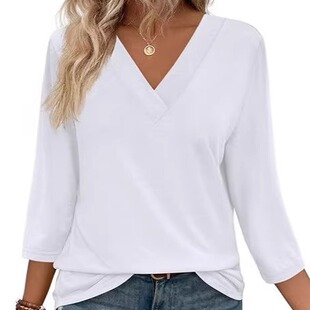 women neck 女士V领7分袖 shirts blouse tops 上衣针织T恤